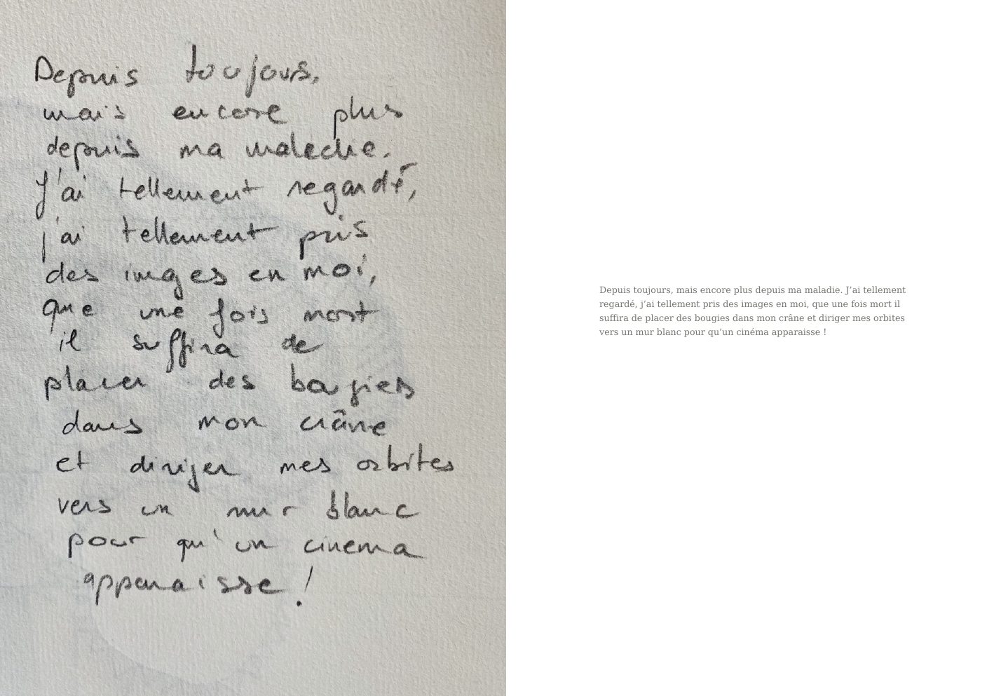 Opening page of Making rooms for ghosts with Jean-Marie Reynier’s handwritten text about the skull as a cinema