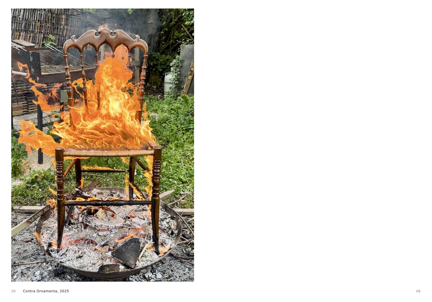 Contra Ornamenta, 2025, an ornate wooden chair burning outdoors