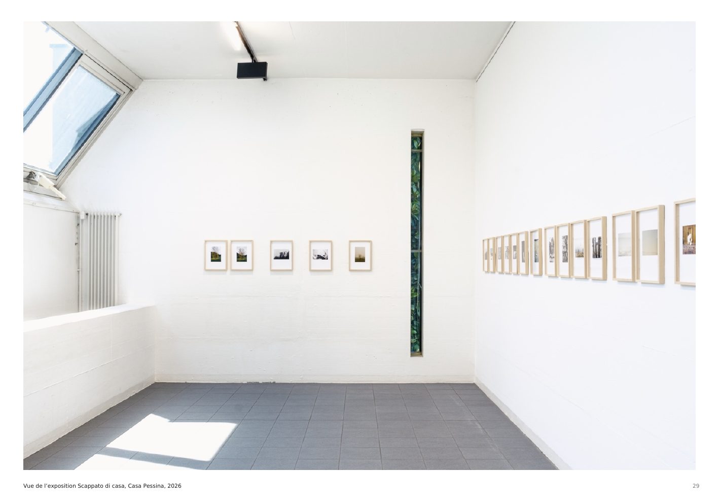 Installation view of framed photographs in Scappato di casa at Casa Pessina, 2026