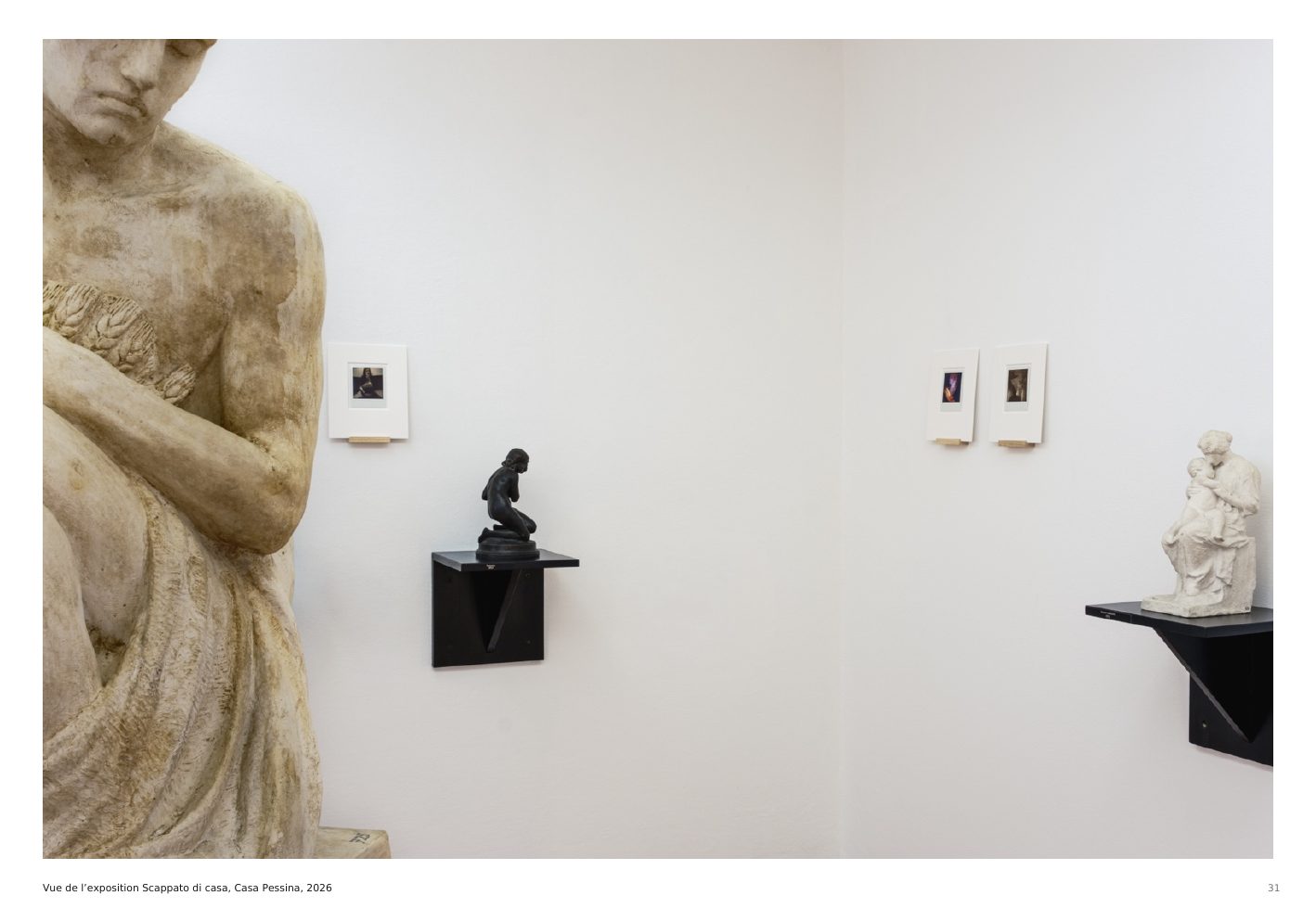Installation view of artworks and historic sculpture in Scappato di casa at Casa Pessina, 2026